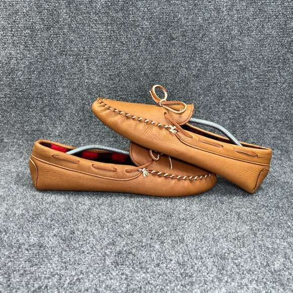 L.L. Bean Moccasin Slippers Men's 12 Brown Leather Fleece Lined Slip On Shoes - Picture 7 of 10